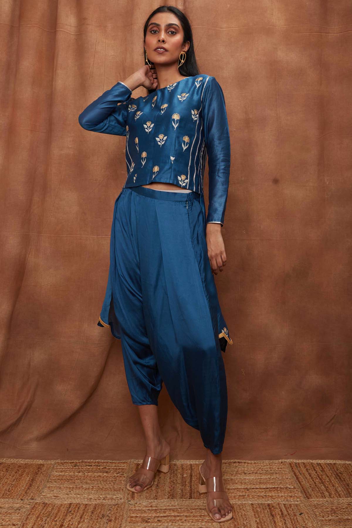 Buy Blue Silk Top & Draped Dhoti for Women Online
